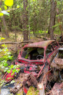 KIRKOE MOSSE, SWEDEN - 30 Mayıs 2020: İsveç 'in Kirkoe Mosse kentindeki bir ormanda bir araba mezarlığı.