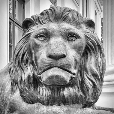 HELSİNGBORG, SWEDEN - EYLÜL 06, 2020: Vikingsberg villasındaki aslan heykellerinden biri