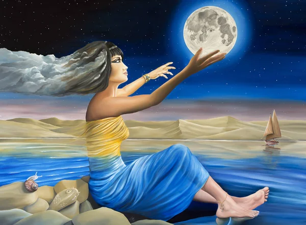 Óleo Original Sobre Tela Pintura Retratando Mãe Natureza Abordando Lua — Fotografia de Stock
