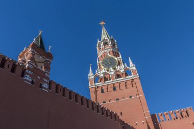 view on Spasskaya tower of Moscow Kremlin against blue sky