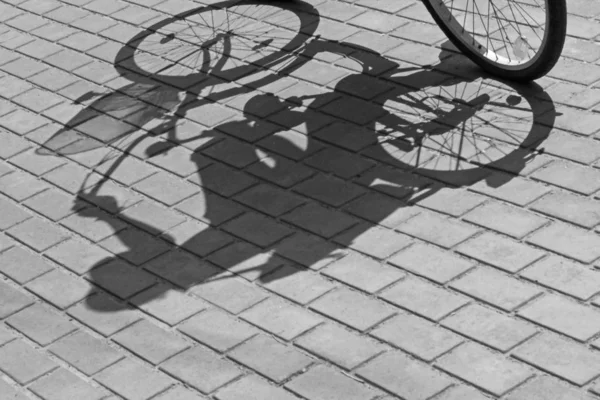 Foto Preto Branco Sombra Mulher Bicicleta — Fotografia de Stock