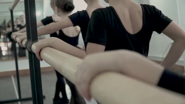 Close-up achteraanzicht kleine balletdansers staan langs een ballet Barre. — Stockvideo