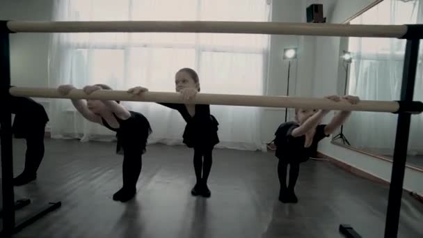 Маленькие балерины растягиваются на балете и улыбаются. — стоковое видео