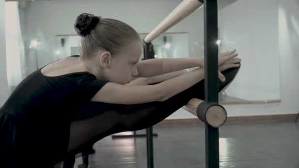 Beinahe kleine Ballerina im schwarzen Trikot steht auf der Ballettbarre und die Lehrerin korrigiert vorsichtig ihre Zehen. — Stockvideo