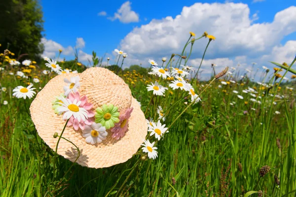 Straw Summer Hat Flowers Flower Field Daisies Yellow Butter Cups — Stock Photo, Image