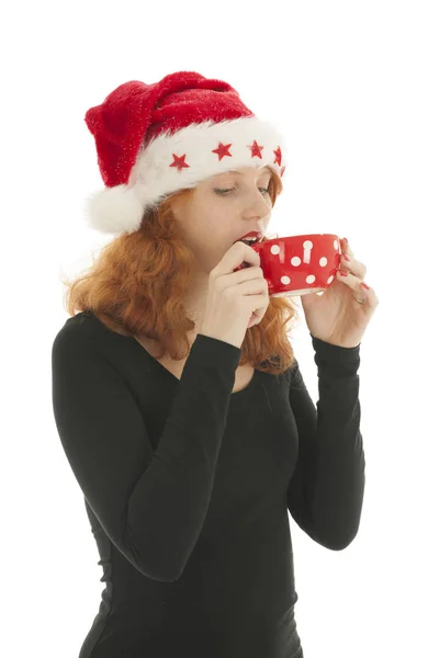 Christmas Woman Hat Santa Claus Drinking Cup — Stock Photo, Image