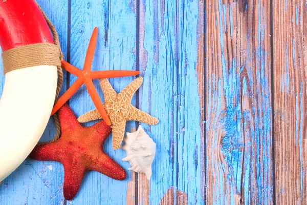 Beach Poster Wooden Background Starfishes Life Buoy — Stock Photo, Image