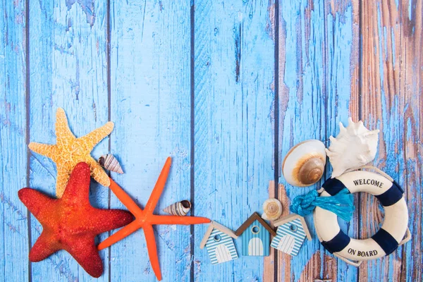 Beach Poster Wooden Background Starfishes Cabins — Stock Photo, Image