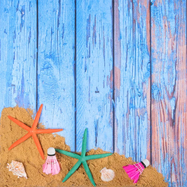 Beach Poster Wooden Background Starfishes Shells — Stock Photo, Image