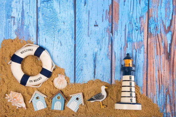 Beach Poster Wooden Background Cabines Lifebuoy Lighthouse — Stock Photo, Image