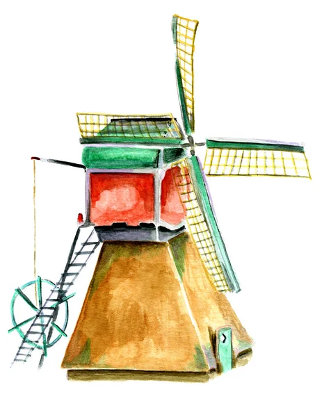 Typický Holandský Větrný Mlýn Akvarel Izolované Bílém Pozadí — Stock fotografie
