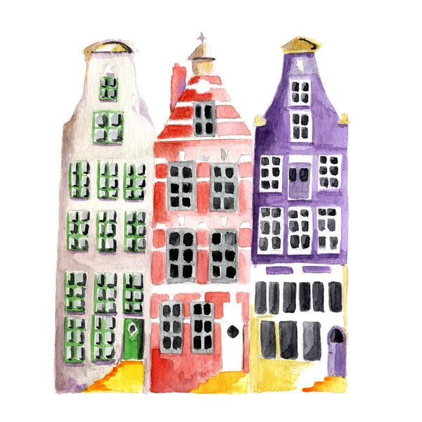 Su renk beyaz arka plan üzerinde izole tipik Amsterdam evlerde