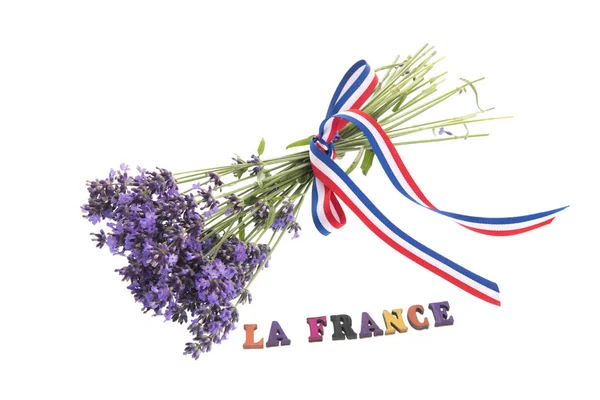 Lavendel Bloemen Met Vive France Geïsoleerd Witte Achtergrond — Stockfoto