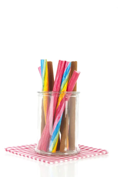 Glass Pot Colorful Candy Canes Isolated White Background — Stock Photo, Image