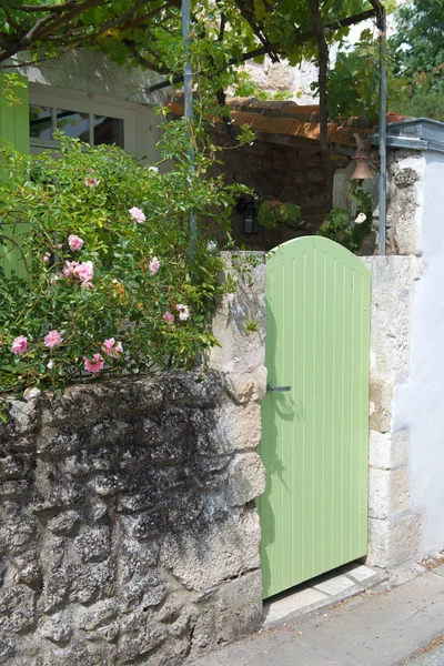 Drzwi Drewniane Zielony Francuski Ogród — Zdjęcie stockowe