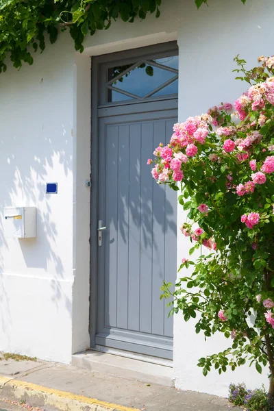 Ρομαντικό Γαλλικό Γκρι Πόρτα Ροζ Τριαντάφυλλα — Φωτογραφία Αρχείου