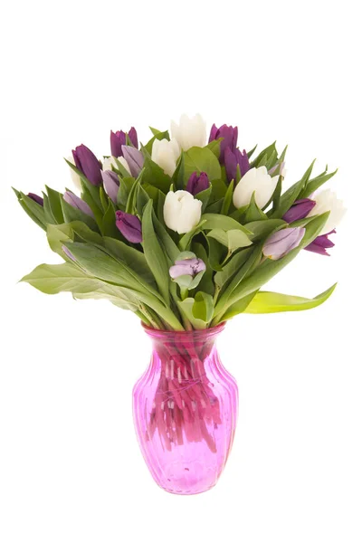 Boeket Kleurrijke Gemengde Tulpen Groene Glazen Vaas Geïsoleerd Witte Achtergrond — Stockfoto