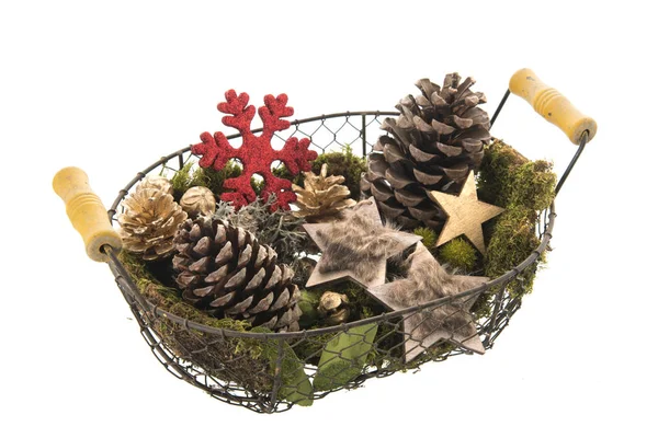 Vintage Basket Christmas Decoration Isolated White Background — Stock Photo, Image