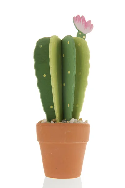 Dekorace Dřevěný Kaktus Růžovou Květinou Izolované Přes Bílé Pozadí — Stock fotografie