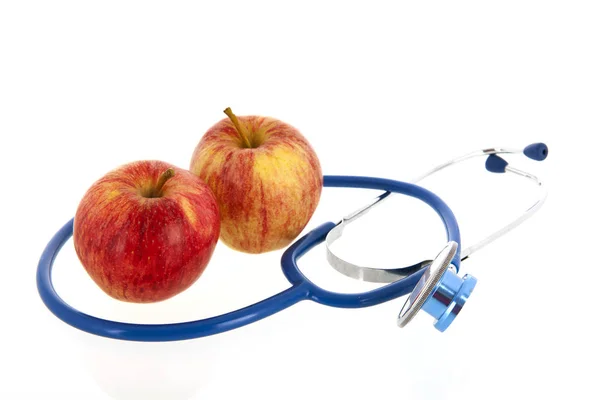 Red Apples Medical Stethoscope Health Care Isolated White Background — Stock Photo, Image