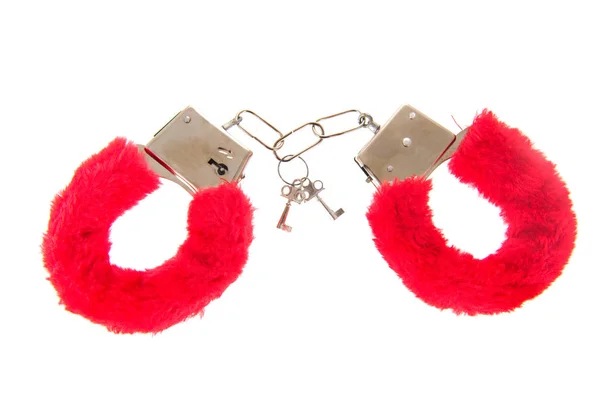 Erotic Sex Toy Red Hand Cuffs Isolated White Background — Stock Photo, Image
