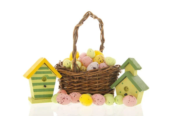 Easter Eggs Basket Nest Boxes Birds Isolated White Background — Stock Photo, Image