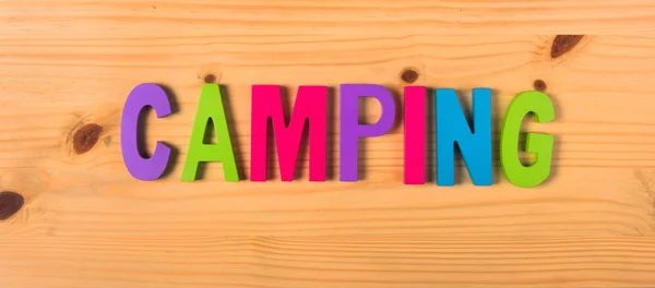 Word Camping Wooden Background — Stock Photo, Image