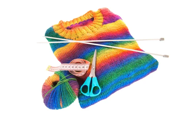 Colorful Knitted Jumper Needles Wool Isolated White Background — Stock Photo, Image