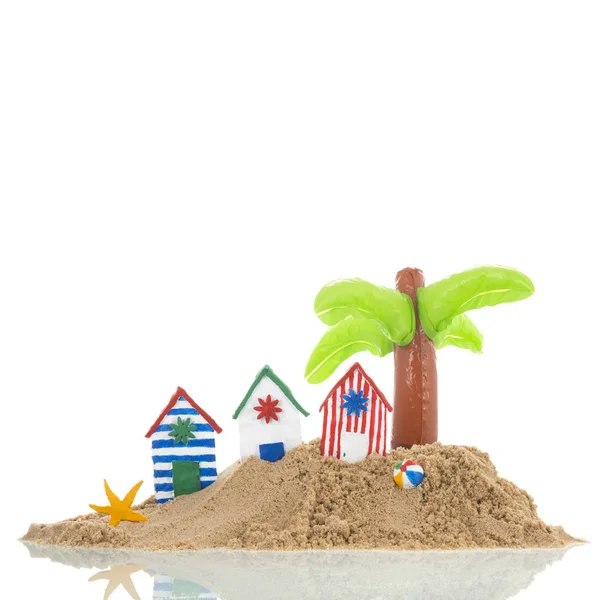 Island with colorful handmade beach cabins isolated over white background — Stock Image Island Colorful Handmade Beach Cabins Isolated White Background Stock Photo