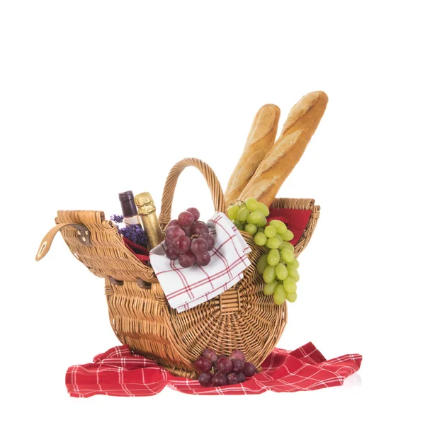 Ekmek şarap ve üzüm ile piknik sepeti — Stok fotoğraf