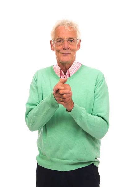 Tevreden Senior Man Groene Jumper Geïsoleerd Witte Achtergrond — Stockfoto