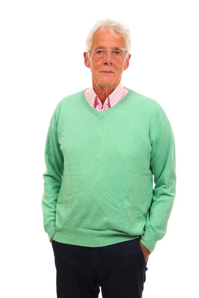 Senior Man Groene Trui Geïsoleerd Witte Achtergrond — Stockfoto