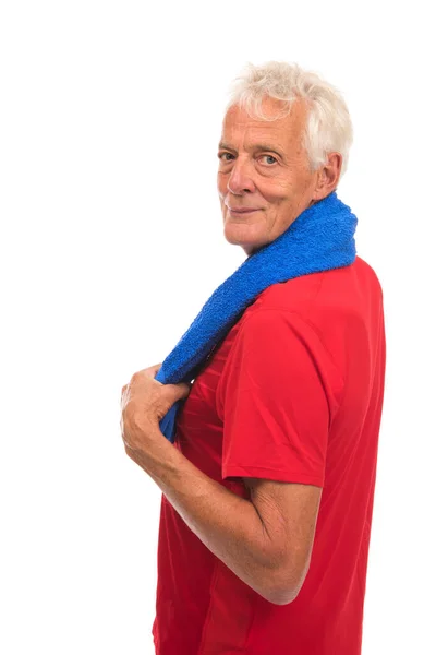 Portret Senior Sportman Rood Met Blauwe Handdoek Tegen Witte Achtergrond — Stockfoto