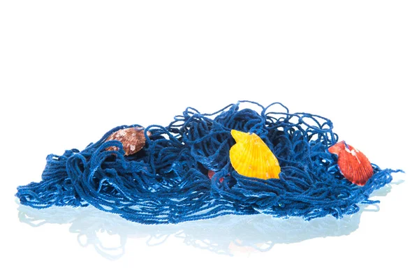 Синя Рибальська Сітка Мушлями Ізольовані Білому Тлі — стокове фото