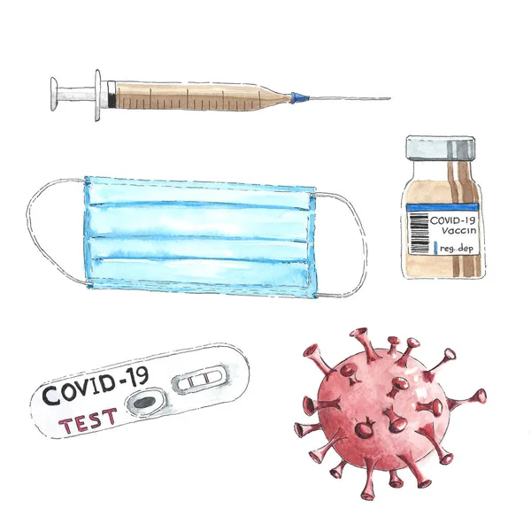 Watercolor Set Covid Virus Isolated White Background — Stock Photo, Image