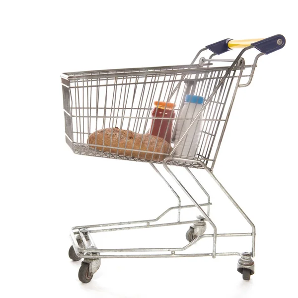 Winkelwagen Blauw Geel Vol Met Verse Boodschappen — Stockfoto