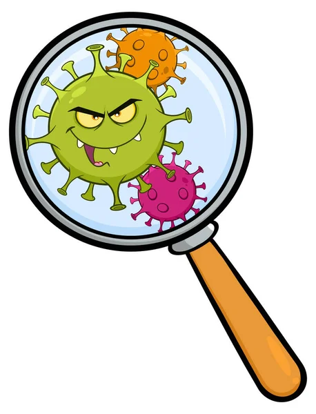 Coronavirus Covid Cartoon Karakter Van Pathogene Bacteriën Onder Vergrootglas Raster — Stockvector