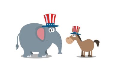 Beyaz arka planda Politik Fil ve Eşek şapkalı