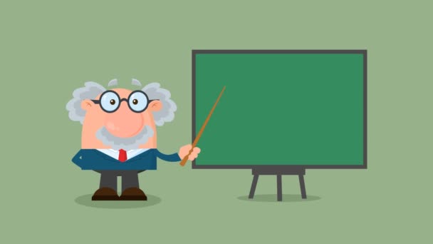 Funny Professor Hold Pointer Showing Green Chalkboard — Stock Video