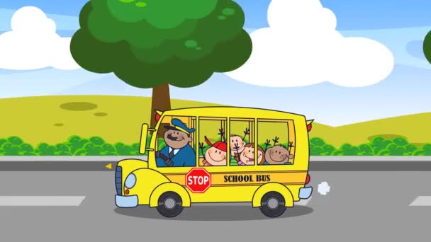 Школьный Автобус Счастливыми Детьми Ходит Школу — стоковое видео