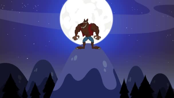 怒りの狼漫画のキャラクターは月の上にハウリング — ストック動画