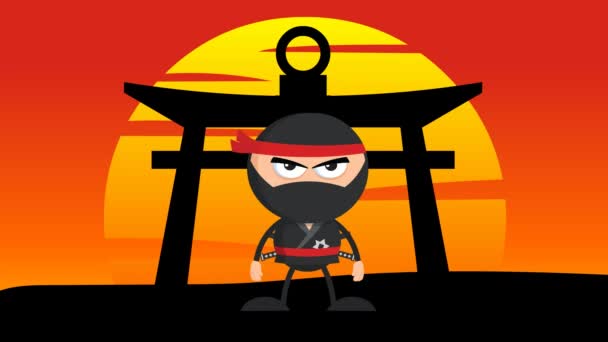 Ninja Guerreiro Desenhos Animados Personagem Pôr Sol Fundo — Vídeo de Stock