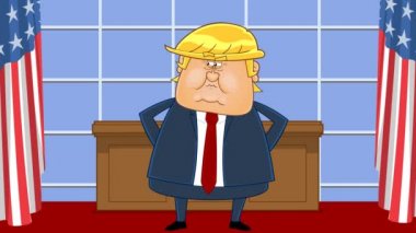 Başkan Donald Trump küstahça konuşuyor. Beyaz Saray ofis arka planında animasyon video hareketi grafikleri