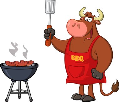 Bull Chef 'in maskot karakteri Spatula' yı Barbekü Tarafından Tutuldu. Vektör Resimleri Beyaz Arkaplanda İzole Edildi