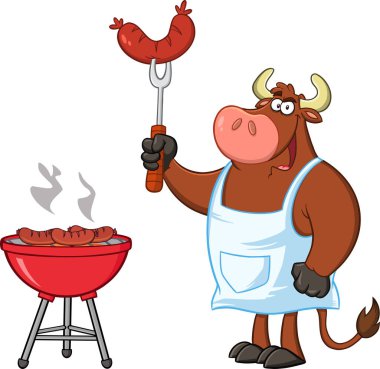 Bull Chef 'in maskot karakteri çatalda sosis tutuyor. Raster Resimleri Beyaz Arkaplanda İzole Edildi