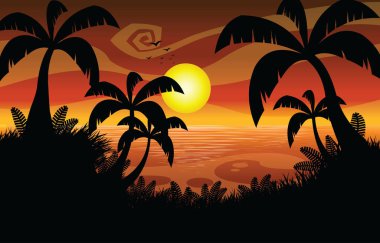 Sunset Çizgi Film Düz Tasarımı. Vektör İllüstrasyon Arkaplanı