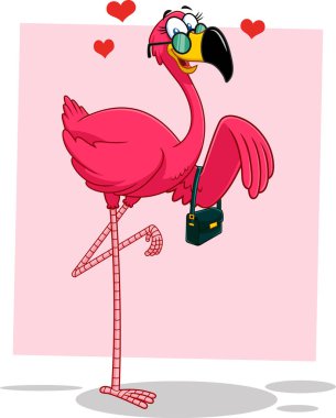 Flamingo Bird Girl çizgi film karakteri. Güneş gözlüklü ve el çantalı. Vektör Resimleri Beyaz Arkaplanda İzole Edildi