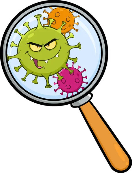 Coronavirus Covid Cartone Animato Carattere Dei Batteri Patogeni Sotto Lente — Vettoriale Stock