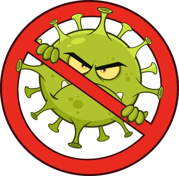 Evil Coronavirus Covid Kórokozó Baktériumok Karaktere Tiltott Szimbólumban Raszter Illusztráció — Stock Vector