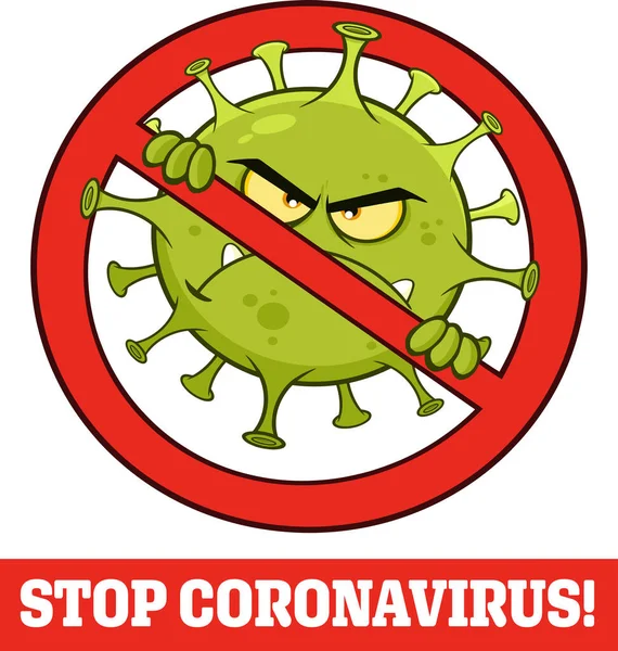 Evil Coronavirus Covid Cartoon Character Pathogenic Bacteria Prohibited Symbol Text — стоковий вектор